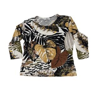 Gerard Pasquier Y2K Women Tropical Botanical Leaf Print Long Sleeve Top Earthy